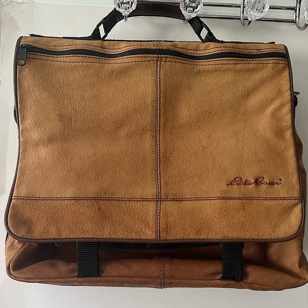 Eddie Bauer Brown tan leather messenger, laptop bag